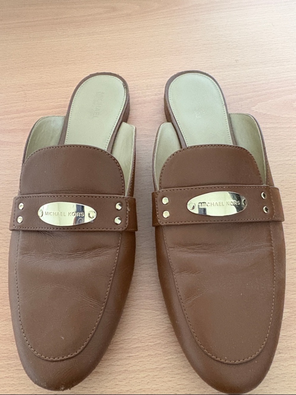 Michael Kors Women’s Brown Leather Slip-On Mule Loafers with Gold Plaque